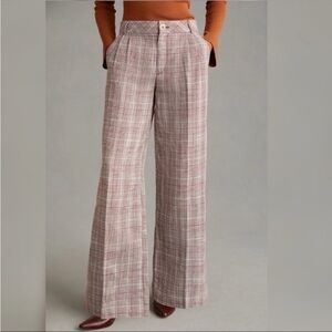 Maeve Pleated Plaid Brown High Rise Linen Wide Leg Trousers Pants